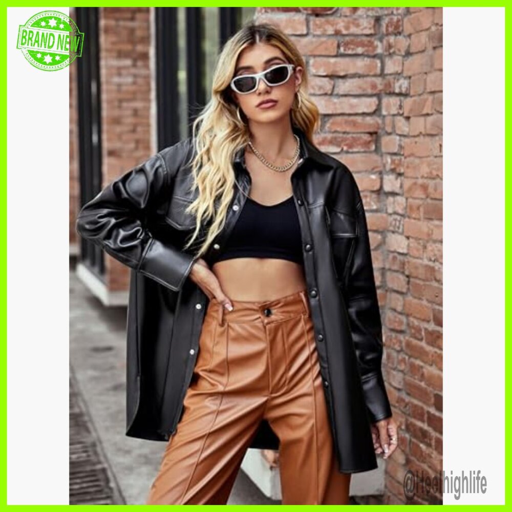 Faux Leather Shacket Jacket Button Down Lapel Lon… - image 3